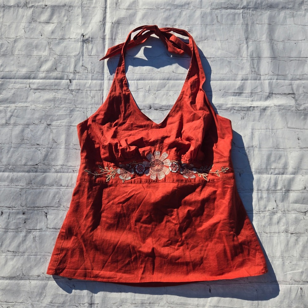 Y2k LOFT Orange Floral Embroidered Cotton Halter Top Boho small retro cottage